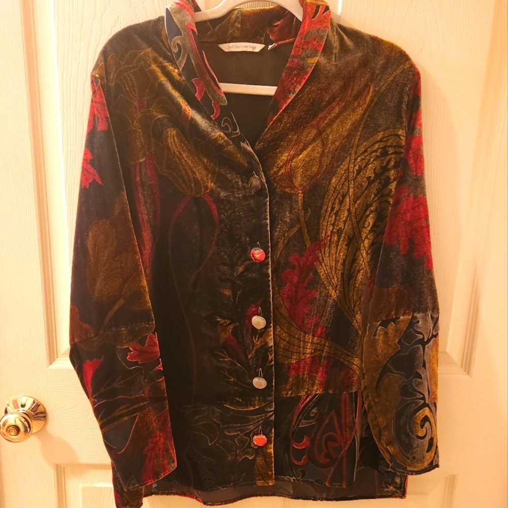 Soft Surroundings Burnout Velvet Floral Leaf Asian Button Blouse Jacket Large